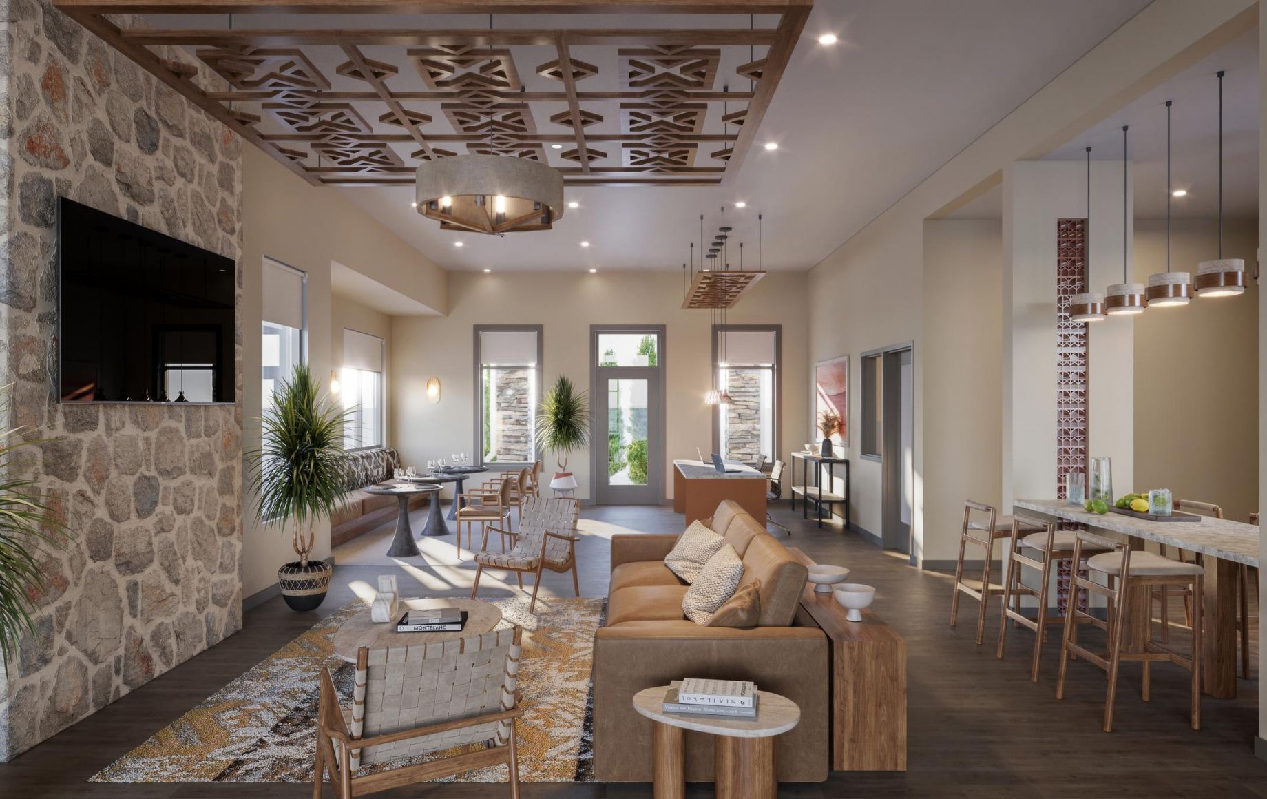 Modern open-concept living and dining area with neutral tones, stone accent wall, and wooden ceiling details.