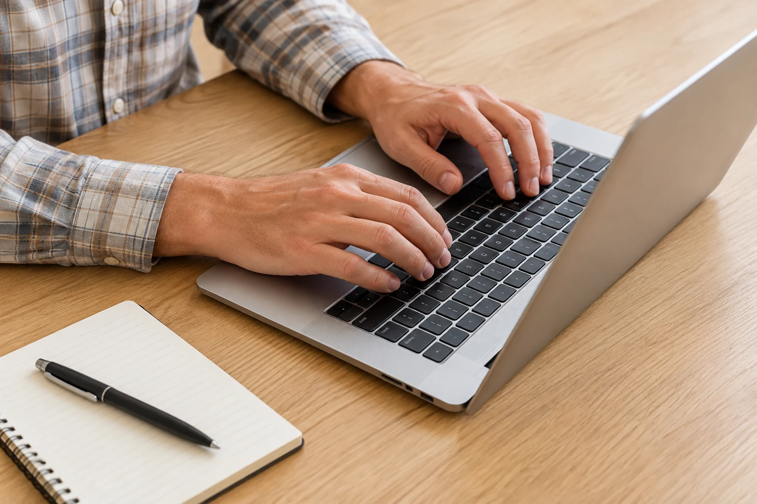 Hands typing on a laptop next to a notebook and pen on a wooden desk.