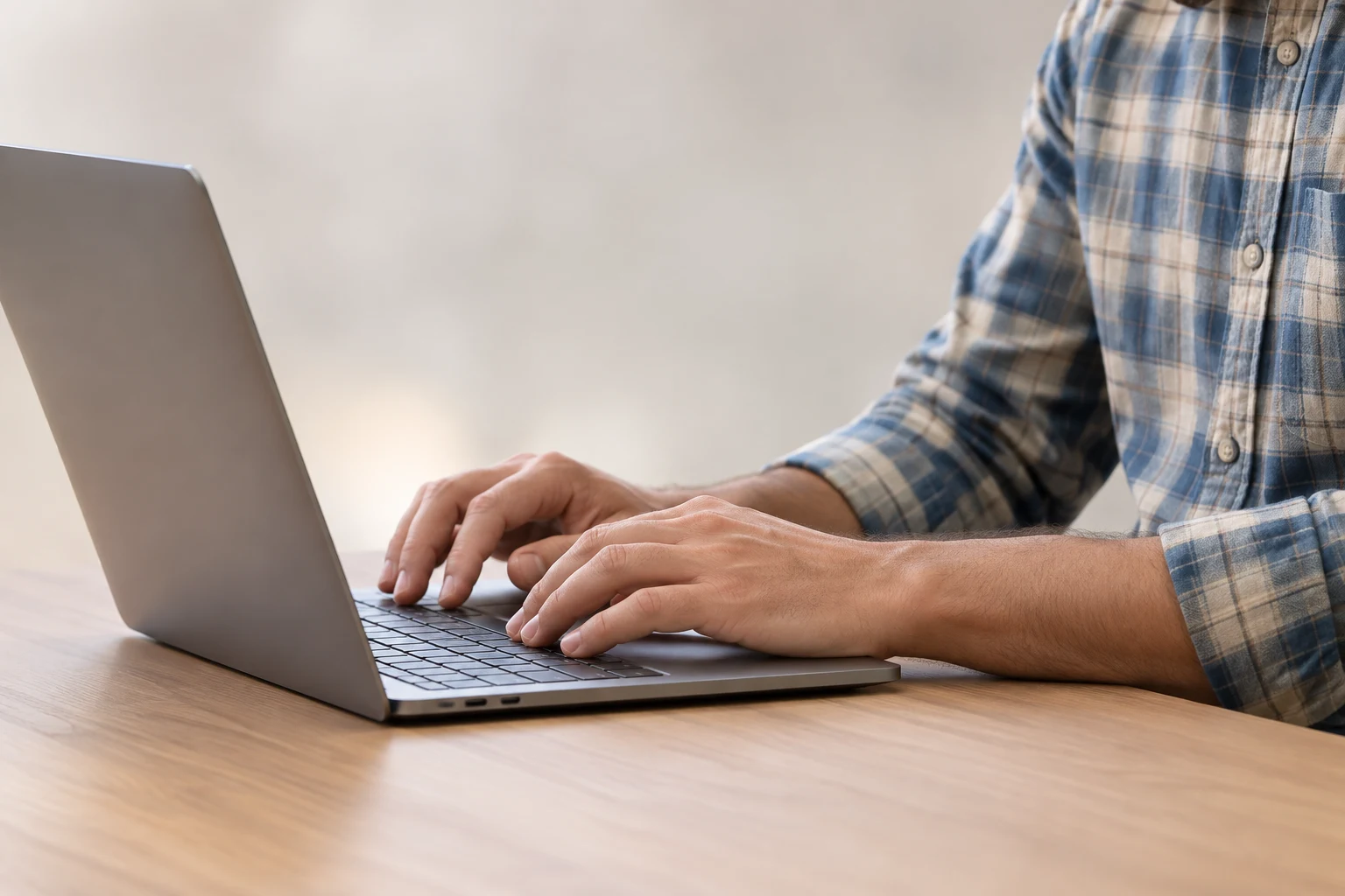 A person in a plaid shirt typing on a laptop.