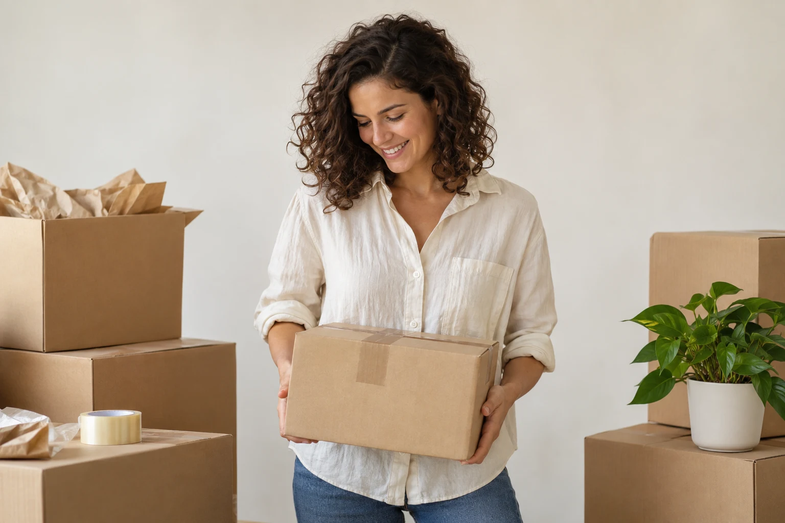 A smiling woman holding a cardboard moving box surrounded by packed boxes and a potted plant.