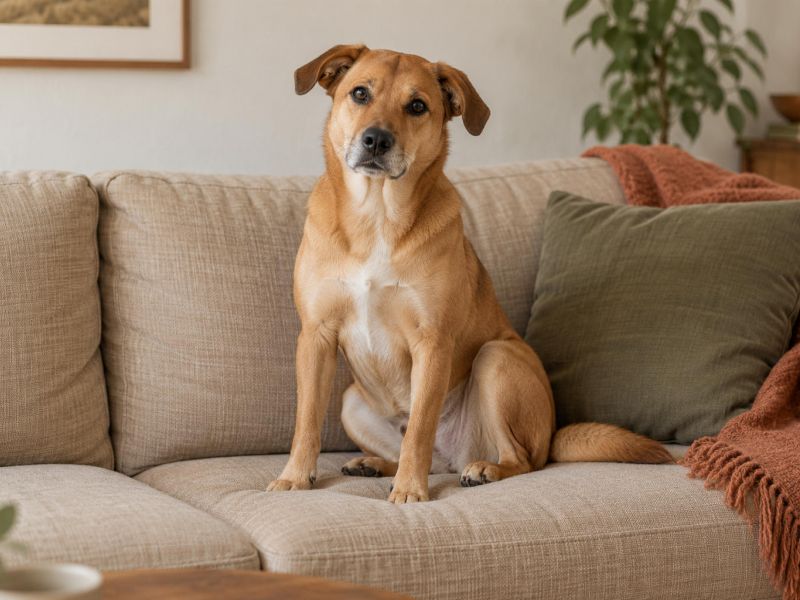 A tan dog sitting on a couch.